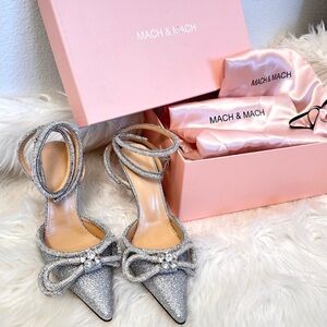 Mach & Mach Silver Crystal Double Bow Ankle Strap Pointed Glitter Heels EU 37